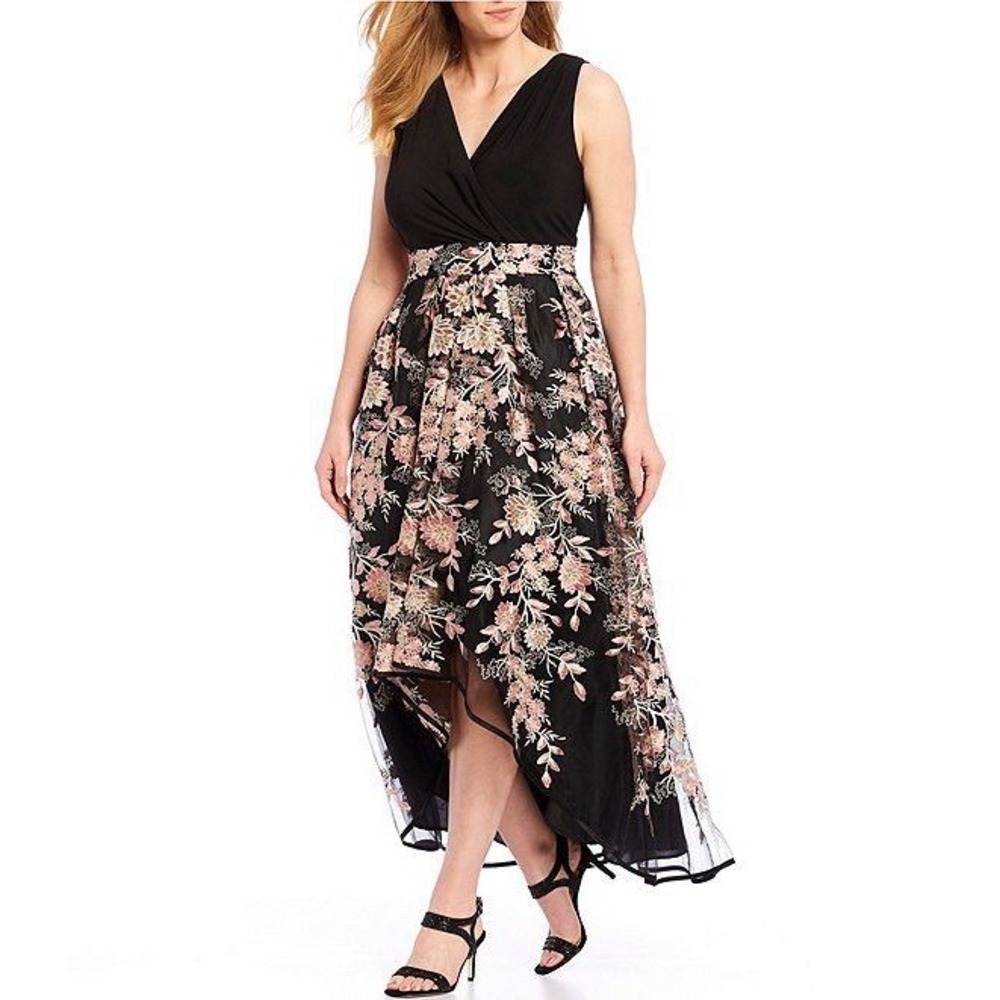 R&M RICHARDS Womens Sz 8 Floral Embroidered Mesh Hi-Low Dress Gown Whimsigoth